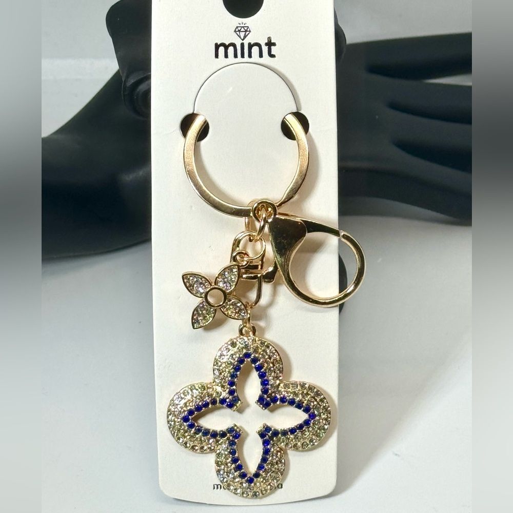 BAG CHARM Crystal Clover Keychain Charm -  Blue and Gold Accent